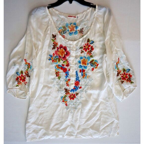 Johnny Was Women's Sz M White Floral Embroidered Tunic Blouse - Picture 10 of 11